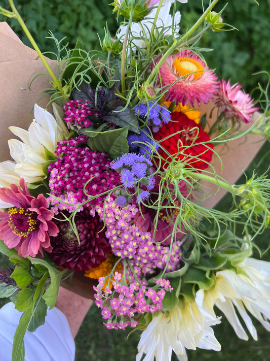 locally grown bouquet with zinnias strawflowers cosmos and nigella flower moon farm